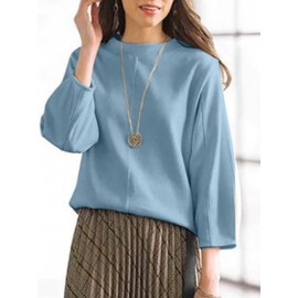 Women Solid Seam Detail Crew Neck Casual 3/4 Sleeve Blouse