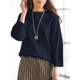 Women Solid Seam Detail Crew Neck Casual 3/4 Sleeve Blouse