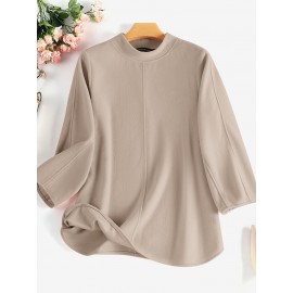 Women Solid Seam Detail Crew Neck Casual 3/4 Sleeve Blouse