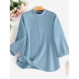 Women Solid Seam Detail Crew Neck Casual 3/4 Sleeve Blouse