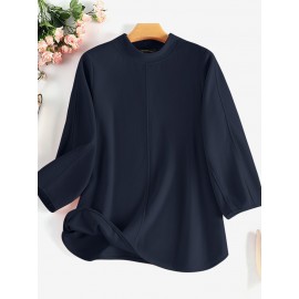 Women Solid Seam Detail Crew Neck Casual 3/4 Sleeve Blouse