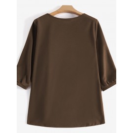 Women Solid V-Neck Knit Casual 3/4 Sleeve Blouse