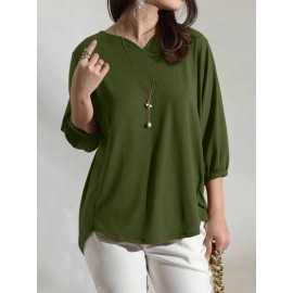 Women Solid V-Neck Knit Casual 3/4 Sleeve Blouse