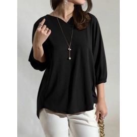 Women Solid V-Neck Knit Casual 3/4 Sleeve Blouse