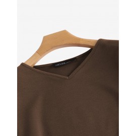 Women Solid V-Neck Knit Casual 3/4 Sleeve Blouse