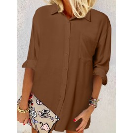 Women Solid Chest Pocket Irregular Hem Long Sleeve Shirt