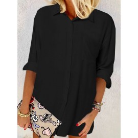 Women Solid Chest Pocket Irregular Hem Long Sleeve Shirt