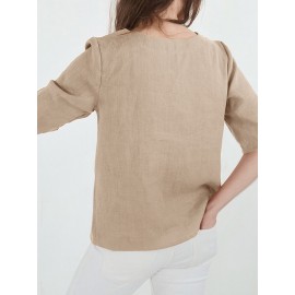 Women Solid V-Neck Cotton Casual Half Sleeve Blouse