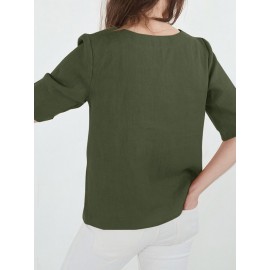 Women Solid V-Neck Cotton Casual Half Sleeve Blouse