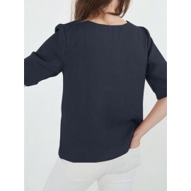 Women Solid V-Neck Cotton Casual Half Sleeve Blouse