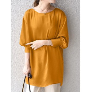 Women Solid Crew Neck High-Low Hem Long Sleeve Blouse