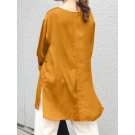 Women Solid Crew Neck High-LowÂ Hem Long Sleeve Blouse