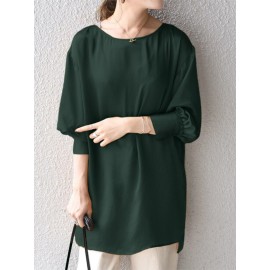 Women Solid Crew Neck High-LowÂ Hem Long Sleeve Blouse