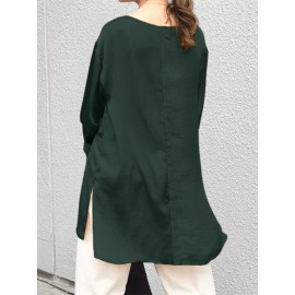 Women Solid Crew Neck High-LowÂ Hem Long Sleeve Blouse
