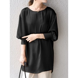 Women Solid Crew Neck High-LowÂ Hem Long Sleeve Blouse