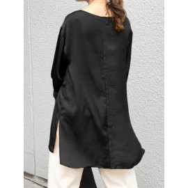 Women Solid Crew Neck High-LowÂ Hem Long Sleeve Blouse