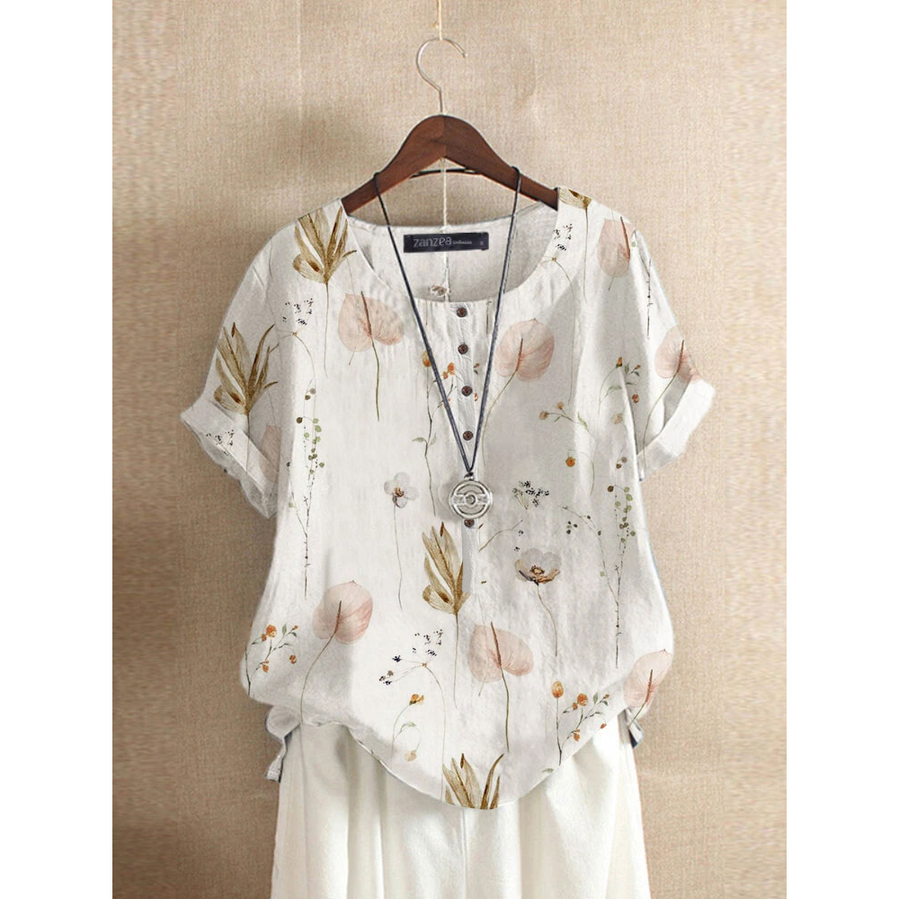 Women Floral Plant Print Crew Neck Half Button Blouse