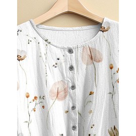 Women Floral Plant Print Crew Neck Half Button Blouse