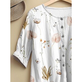Women Floral Plant Print Crew Neck Half Button Blouse