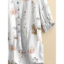 Women Floral Plant Print Crew Neck Half Button Blouse