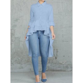Women Solid Lapel Layered Irregular Hem Long Sleeve Shirt