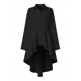 Women Solid Lapel Layered Irregular Hem Long Sleeve Shirt