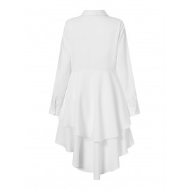 Women Solid Lapel Layered Irregular Hem Long Sleeve Shirt