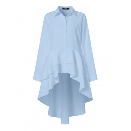 Women Solid Lapel Layered Irregular Hem Long Sleeve Shirt