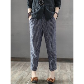 Vintage Striped Pockets Cotton Harem Pants