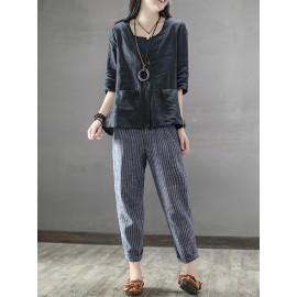 Vintage Striped Pockets Cotton Harem Pants