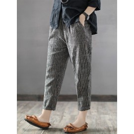 Vintage Striped Pockets Cotton Harem Pants