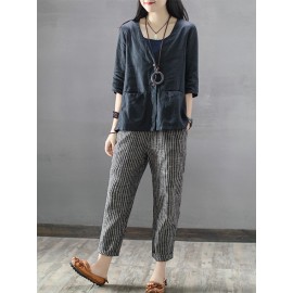 Vintage Striped Pockets Cotton Harem Pants