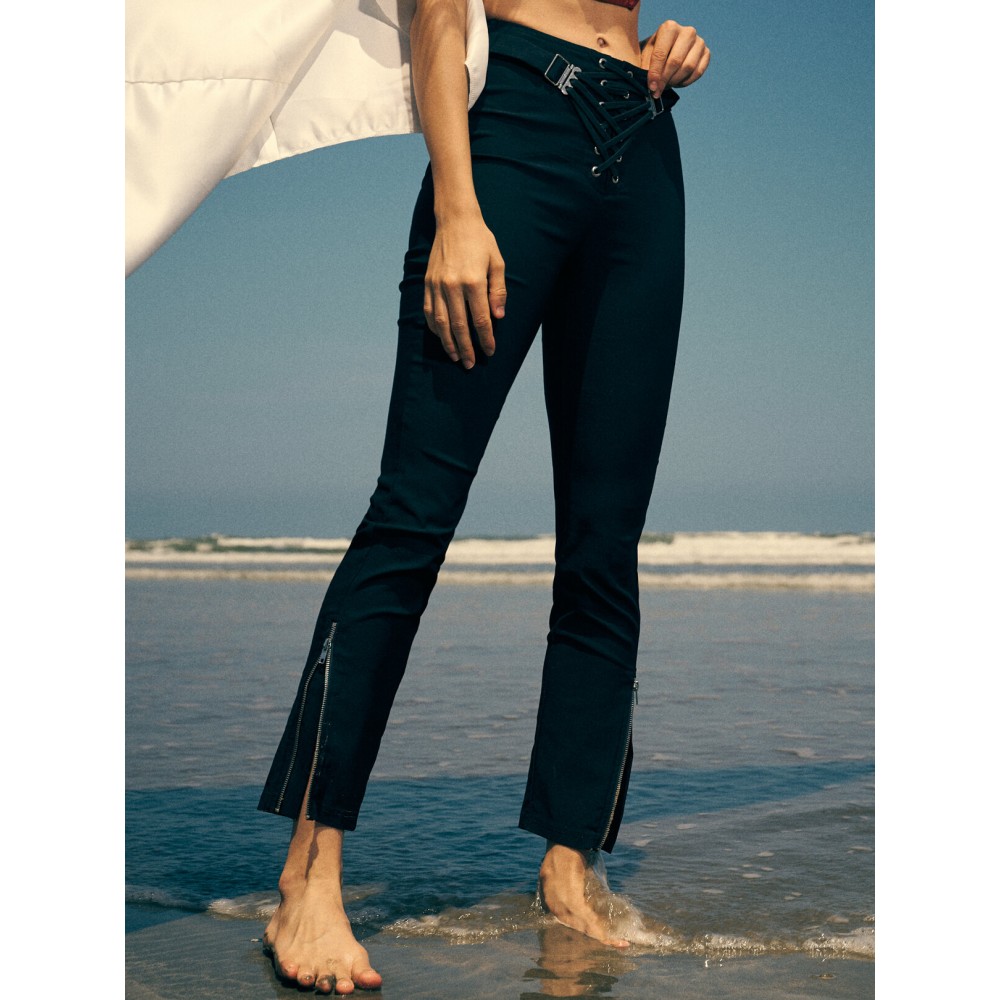 Solid Double Zip Hem Lace Up Zip Back Pants Solid Double Zip Hem Lace Up Zip Back Pants