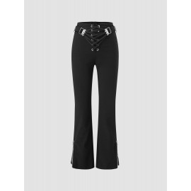 Solid Double Zip Hem Lace Up Zip Back Pants Solid Double Zip Hem Lace Up Zip Back Pants