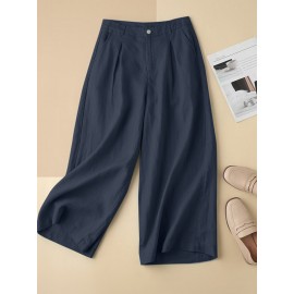 Women Solid Pleated Cotton Casual Pants With Pocket Women Solid Pleated Cotton Casual Pants With Pocket