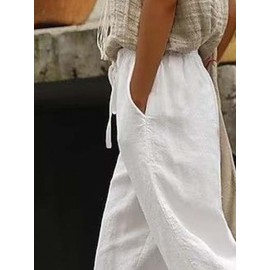 Women Cotton Lace Up Cuff Plain Drawstring Cropped Pants