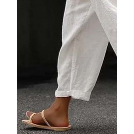 Women Cotton Lace Up Cuff Plain Drawstring Cropped Pants