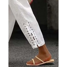 Women Cotton Lace Up Cuff Plain Drawstring Cropped Pants
