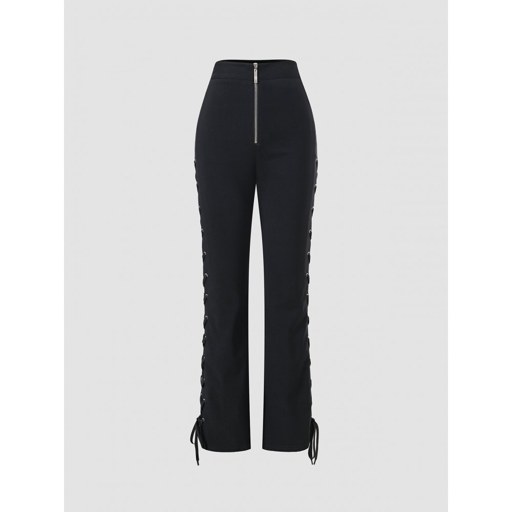 Solid Two Sides Lace Up Hollow Zip Front Pants