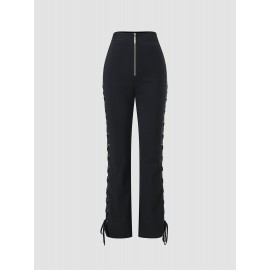 Solid Two Sides Lace Up Hollow Zip Front Pants Solid Two Sides Lace Up Hollow Zip Front Pants