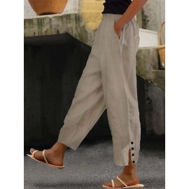 Women Solid Side Split Button Cuff Cotton Cropped Pants Women Solid Side Split Button Cuff Cotton Cropped Pants