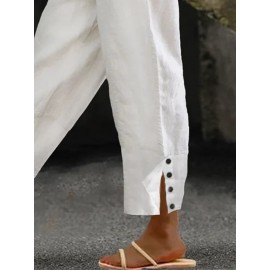 Women Solid Side Split Button Cuff Cotton Cropped Pants Women Solid Side Split Button Cuff Cotton Cropped Pants