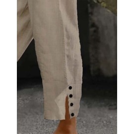 Women Solid Side Split Button Cuff Cotton Cropped Pants Women Solid Side Split Button Cuff Cotton Cropped Pants