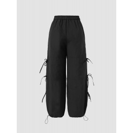Cut Out Side Tie Drawstring Waist Pocket Solid Pants Cut Out Side Tie Drawstring Waist Pocket Solid Pants