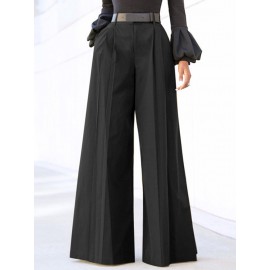 Women Solid Pleated High Waist Casual Wide Leg Pants Women Solid Pleated High Waist Casual Wide Leg Pants
