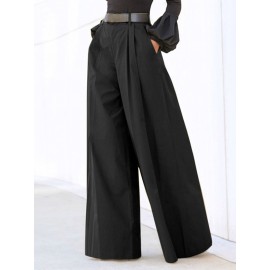 Women Solid Pleated High Waist Casual Wide Leg Pants Women Solid Pleated High Waist Casual Wide Leg Pants