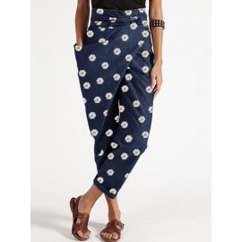 Daisy Floral Print Belt Harem Pants With Pocket Daisy Floral Print Belt Harem Pants With Pocket