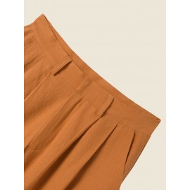 Solid Pocket Pleated Zip Front Casual Pants For Women