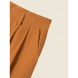 Solid Pocket Pleated Zip Front Casual Pants For Women
