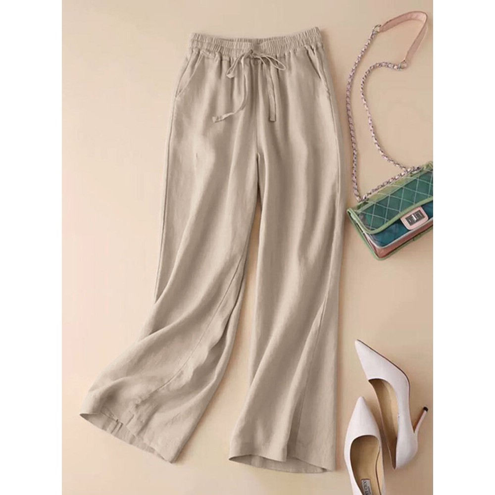 Women Solid Drawstring Waist Cotton Casual Straight Pants Women Solid Drawstring Waist Cotton Casual Straight Pants